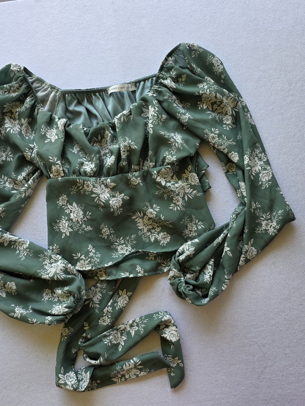 Altar'd State Sage Green Floral Off-Shoulder Puff Sleeve Top